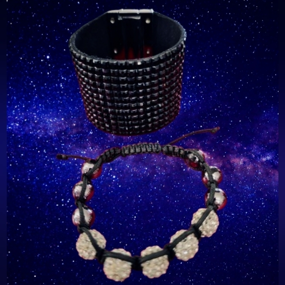 📣 1 Crystal Ball Hematite Macrame Bead & 1️Black Bling Interlocking Clasp Cuff